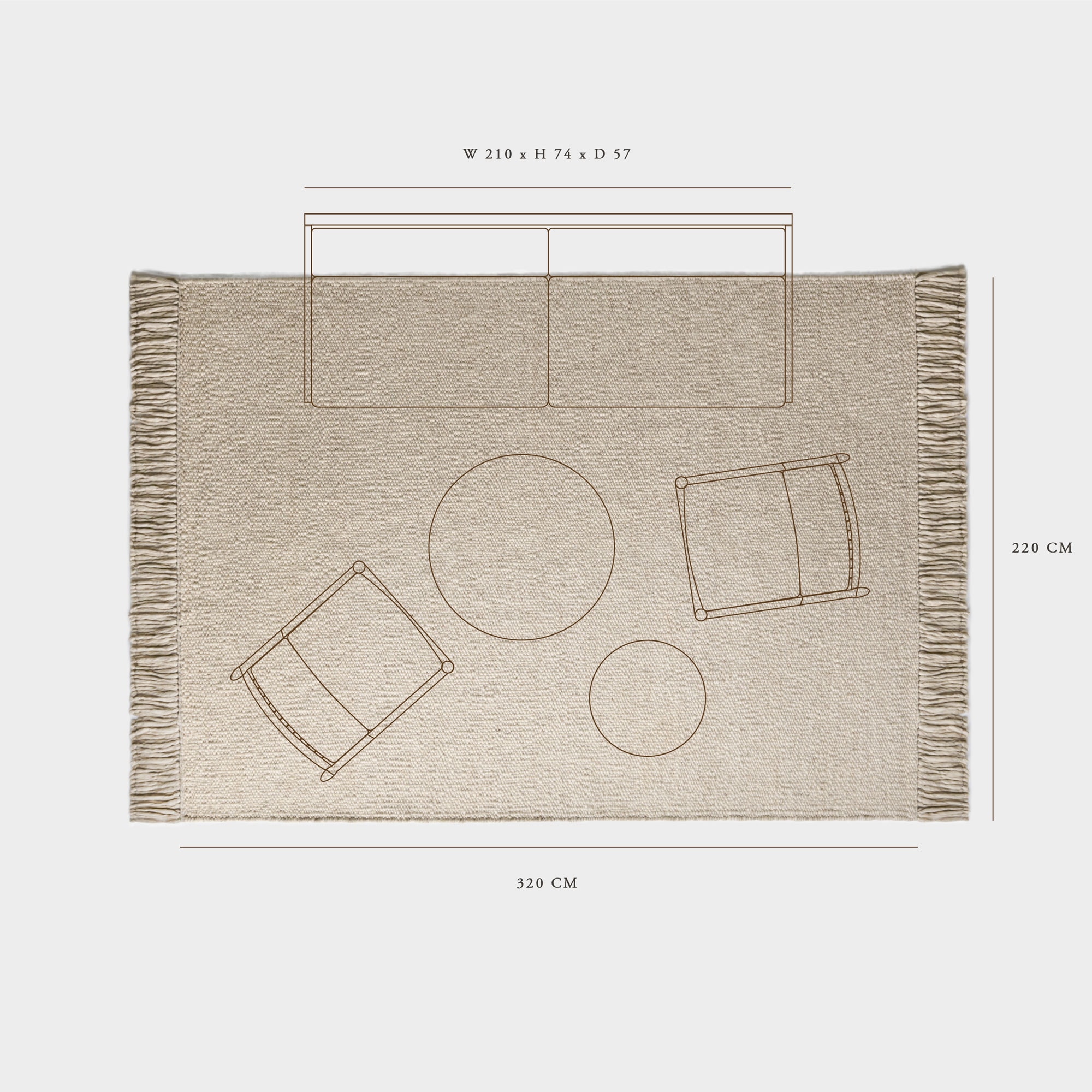 illustration of rug size in relation to sofa, armchairs and coffee table