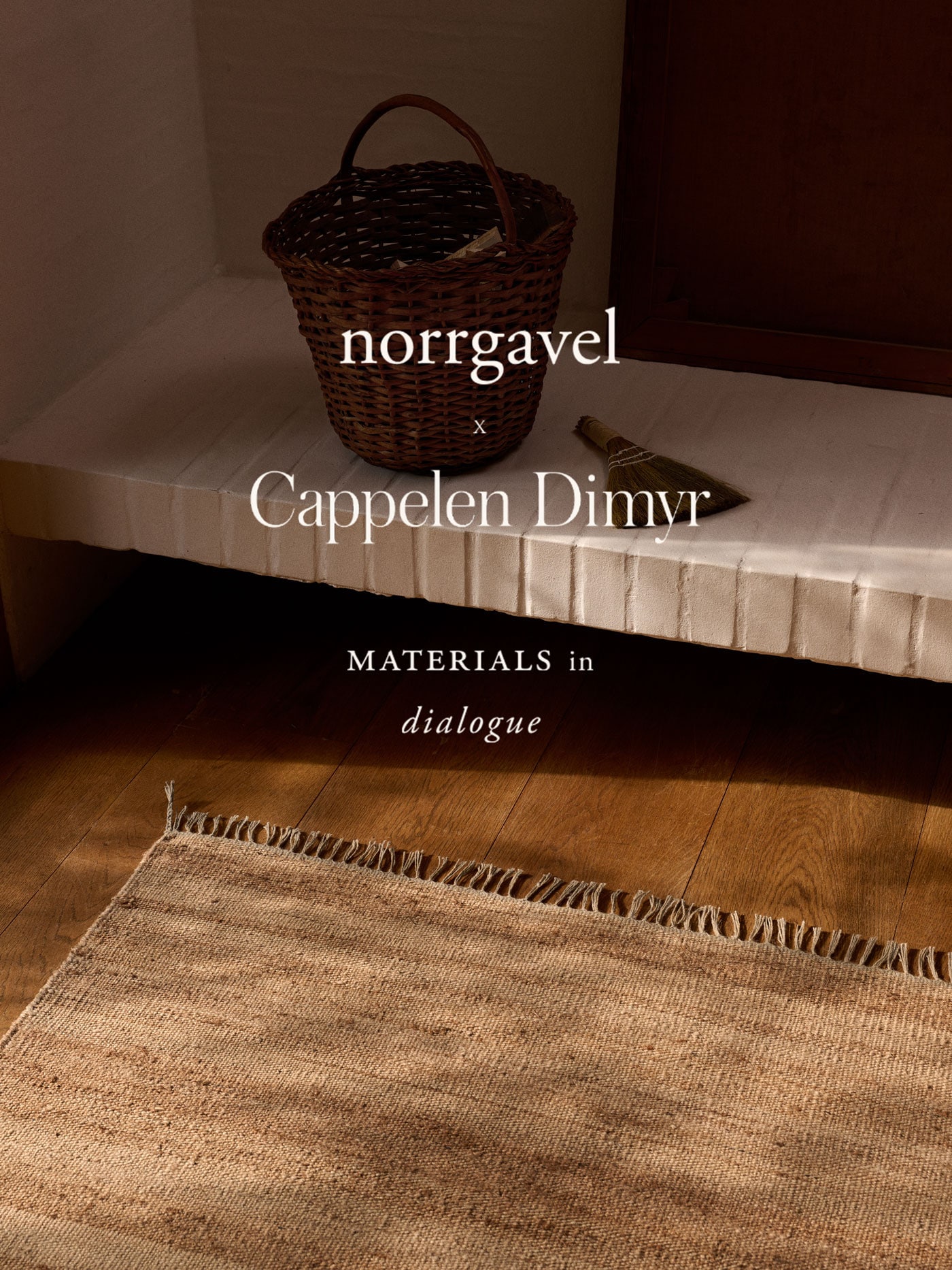 Hemp rug in front of a tiled bench with a basket and small brush on top
