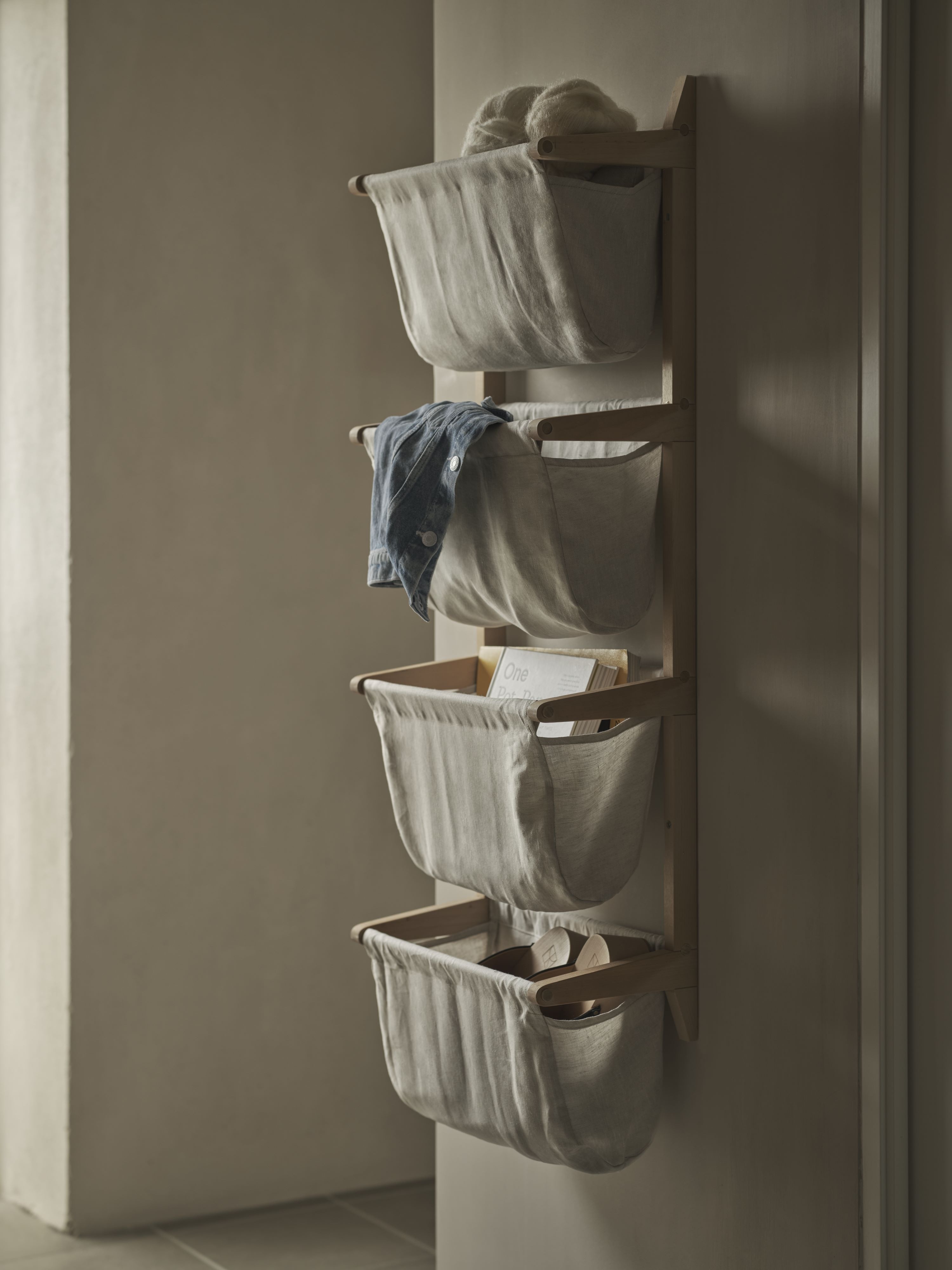bag shelf with four linen bags